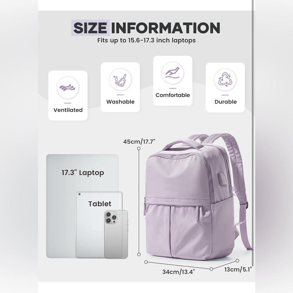 AMAZON | Large Travel Backpack - Lavender | 17.7"×13.4"×5.1"
